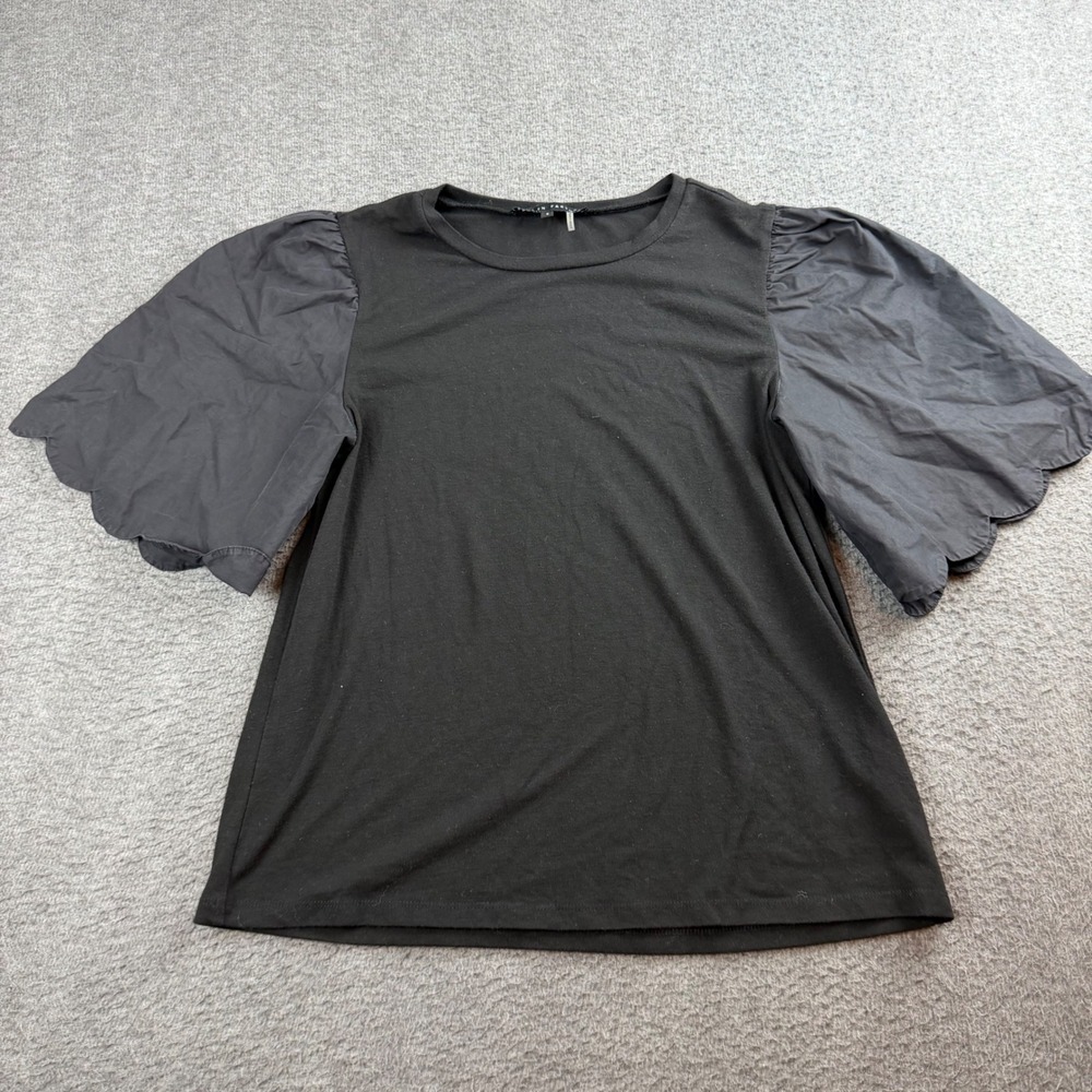 English Factory Mixed Media Top Women's Small Black Scalloped Puff Sleeve Cotton